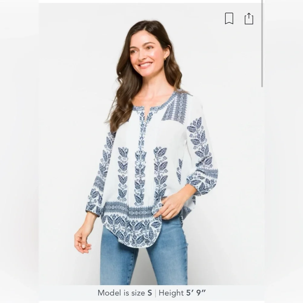 NWT | Daniel Rainn | Amely Boho Split Neck Top | White/Navy | Medium - Picture 7 of 10